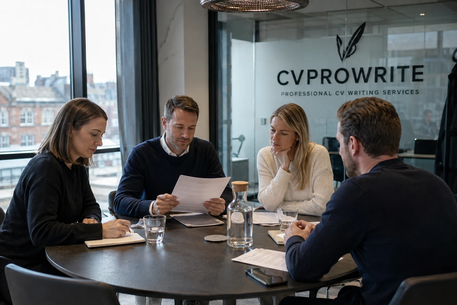 The CVProWrite team discussing a client's CV in a consultation meeting